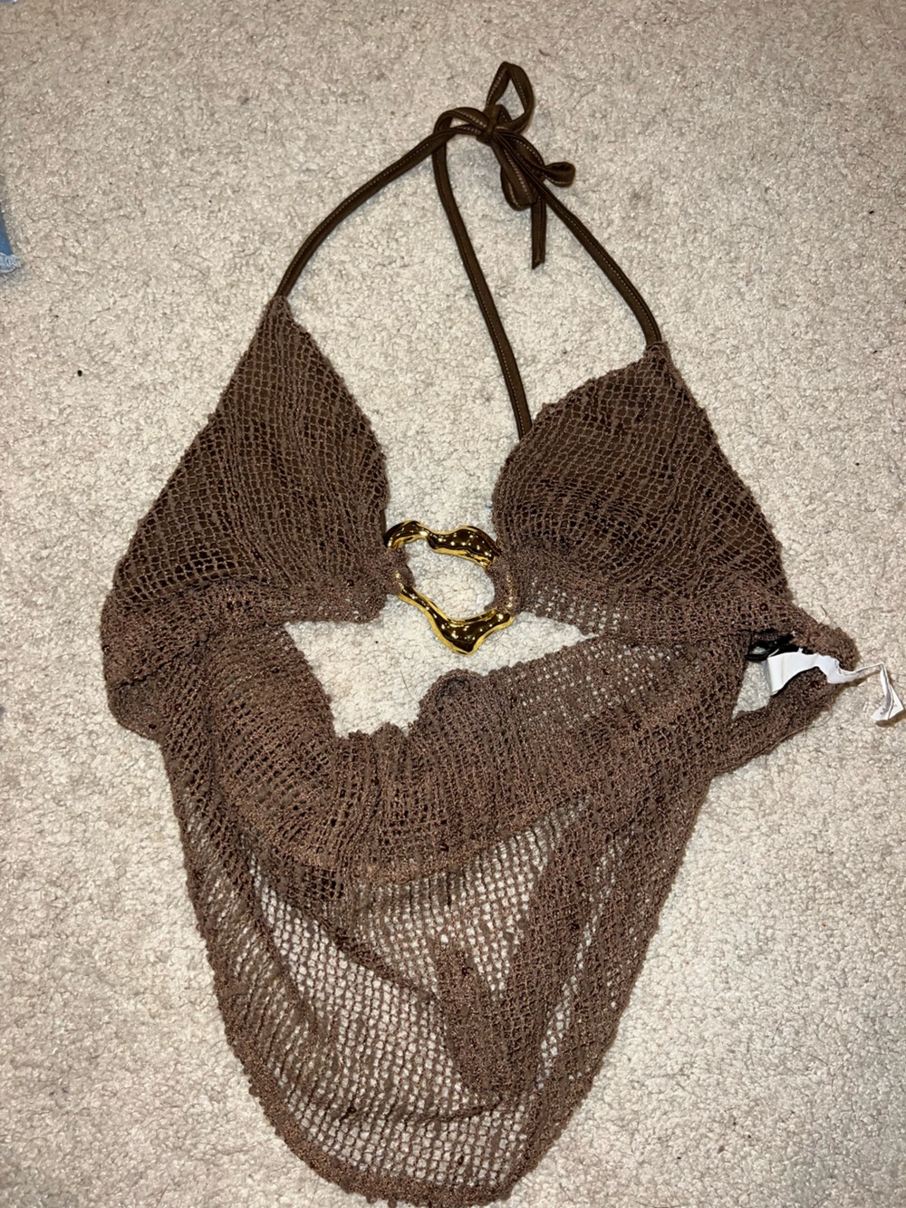 Amazon Brown Crochet Halter Crop Top with Gold Accent